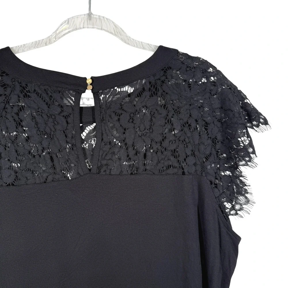 Perch by Blu‎ Pepper Womens Plus 2X Boho Top Black Lace Trim Crochet Yoke Blouse